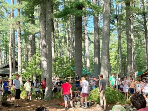 a group of people in a forest