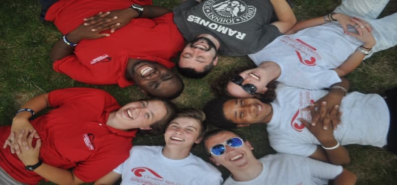 a group of people lying on the grass