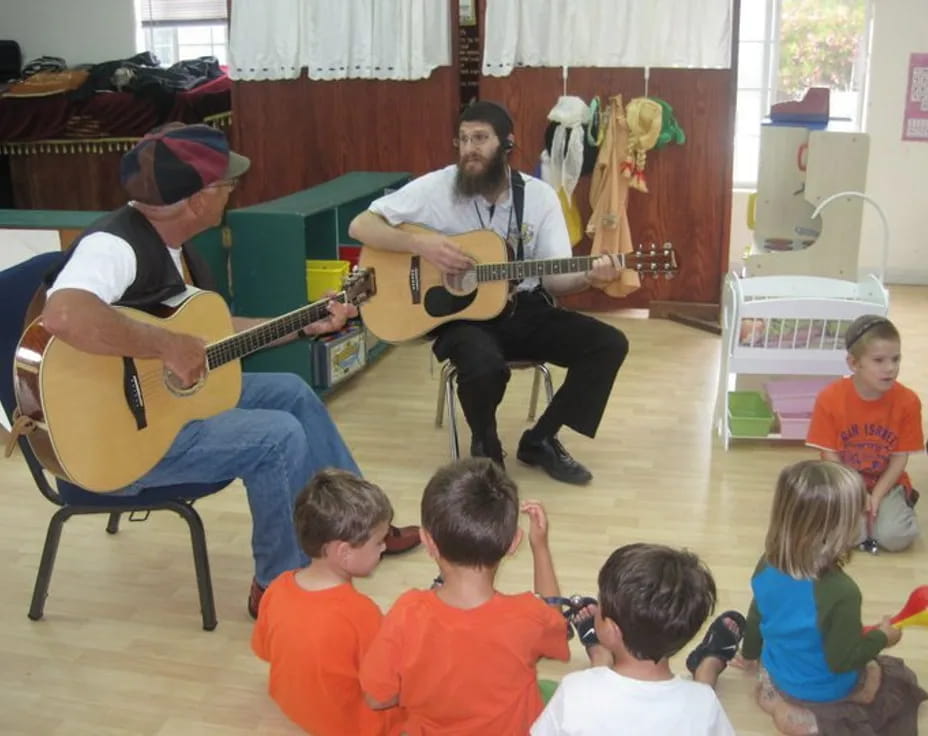 a group of people playing guitars