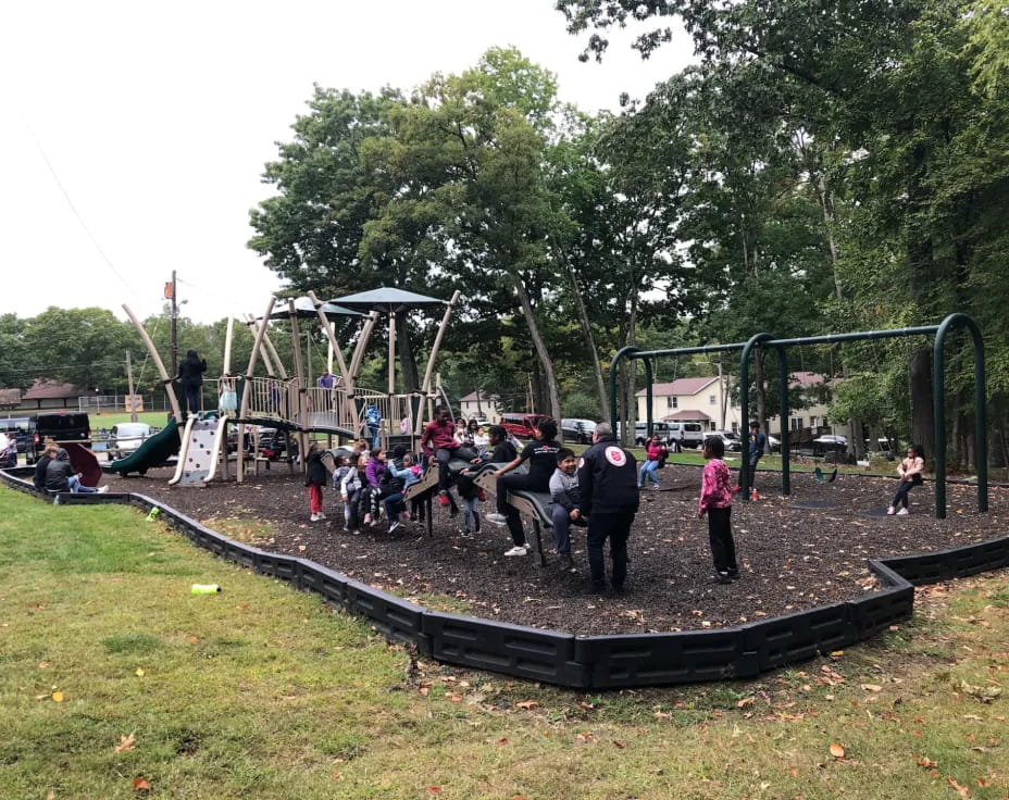 a group of people on a trampoline