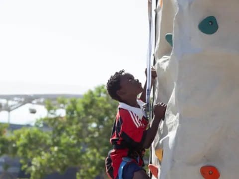 a boy climbing a rock wall