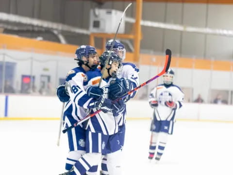 a group of people playing hockey