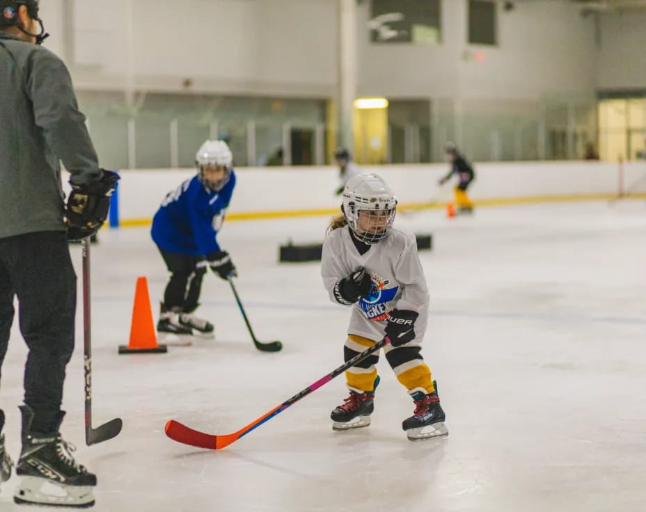 a group of people playing hockey