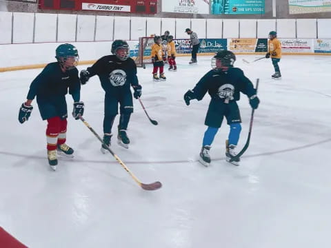 a group of people playing hockey