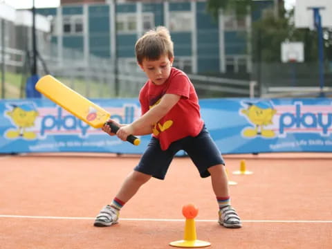 a boy hitting a ball with a bat