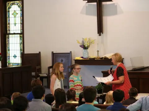 a group of people in a church