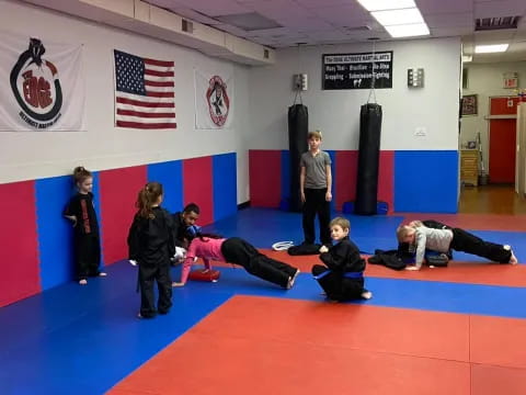 a group of people in a gym