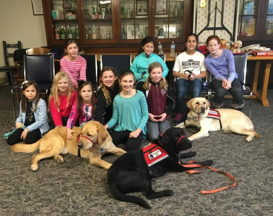 a group of people with dogs