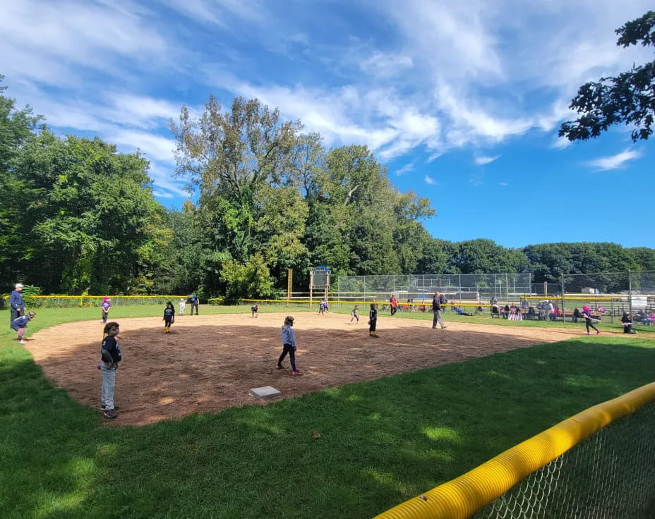 a group of people playing baseball