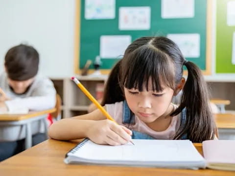 a young girl writing on a book