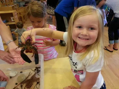 a girl holding a toy dinosaur