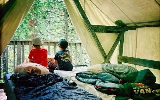 a group of people in a tent