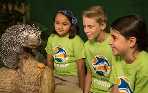 a group of people looking at a stuffed animal