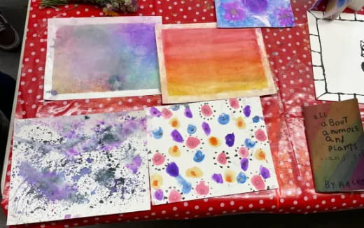 a table with a few pieces of paper on it