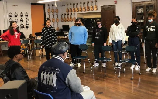 a group of people in a room