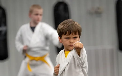 a boy holding a yellow and white flag