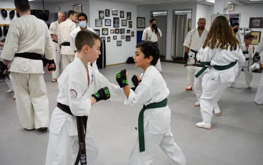 a group of people in karate uniforms