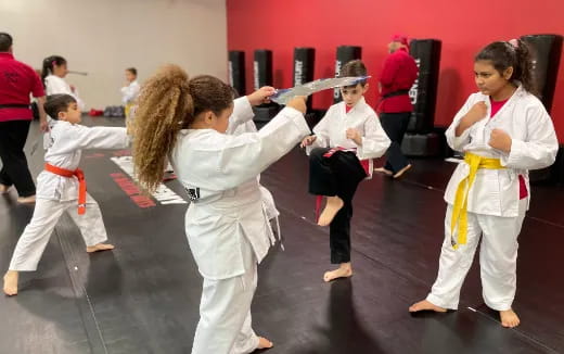 a group of children in karate uniforms
