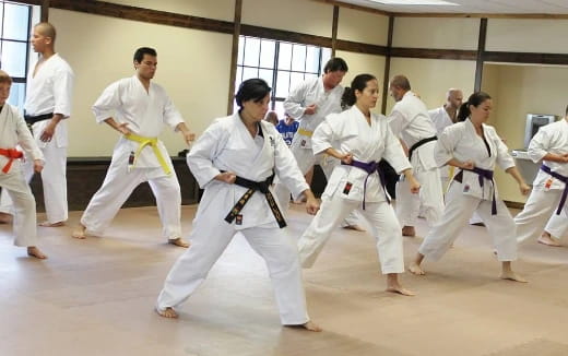 a group of people in karate uniforms