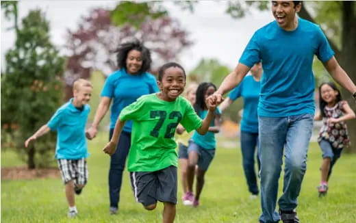 a group of people running