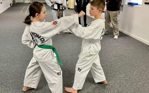a couple of children in karate uniforms