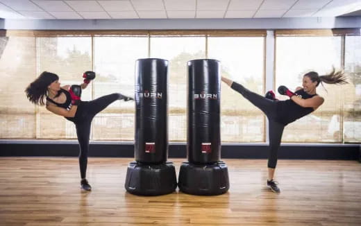 a couple of women exercising