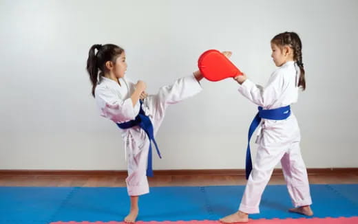 a couple of girls in karate uniforms