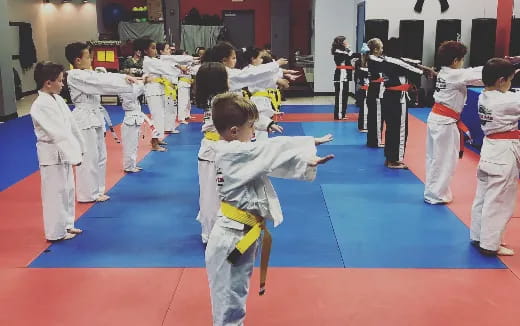 a group of children in karate uniforms