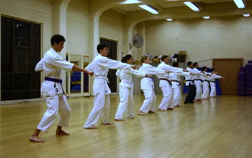 a group of people in karate uniforms