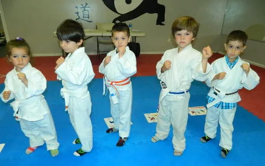 a group of children in karate uniforms