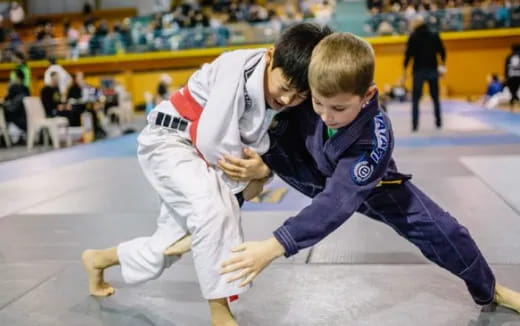 two boys in karate uniforms