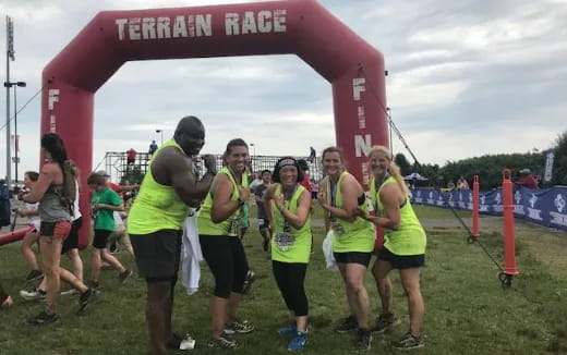 a group of people running