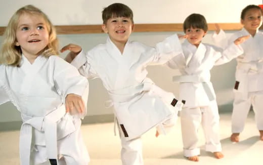 a group of children in karate uniforms