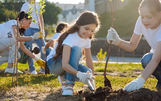 a group of children planting a tree