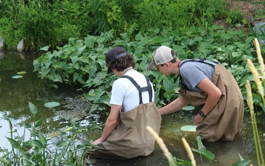 a couple of men in a swamp