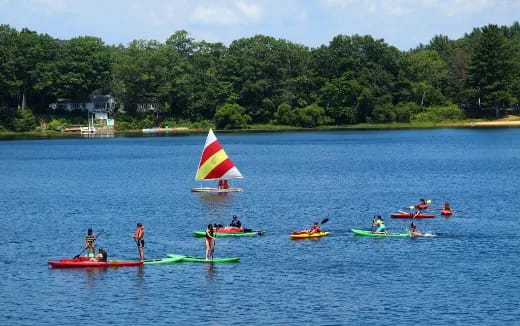 a group of people in canoes on a lake