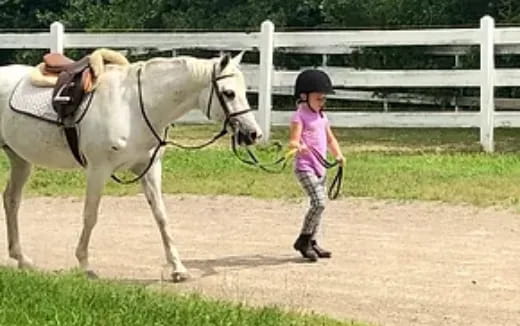 a girl walking next to a horse